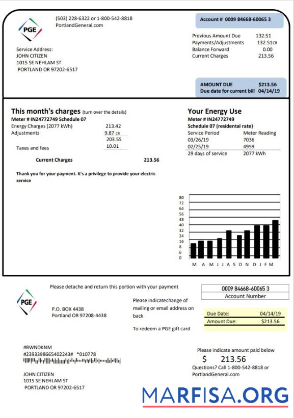 Realistic USA Oregon PGE electricity utility bill template in Word and PDF format